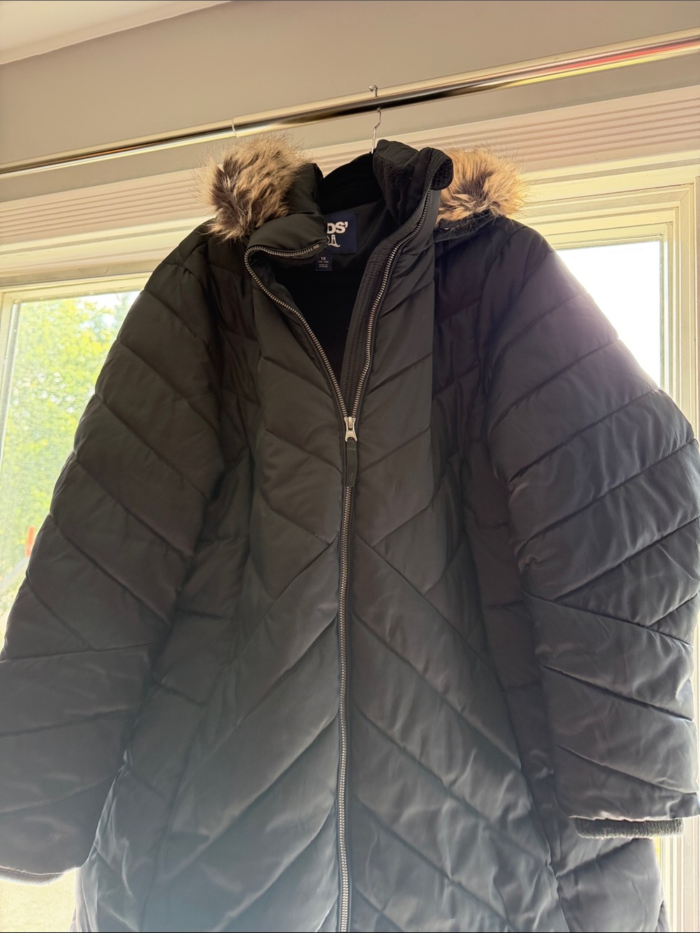 Lands' End Black Quilted Puffer Coat with Faux Fur-Trim Hood